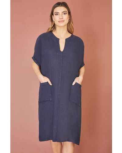Yumi' Italian Linen Tunic With Front Pockets - Blue