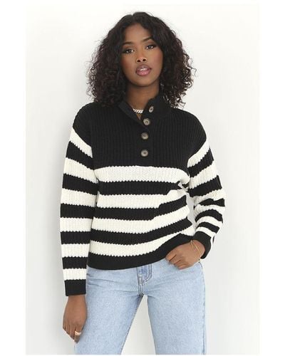 Brave Soul Black 'smithy' Striped Button Detail Knitted Jumper - White