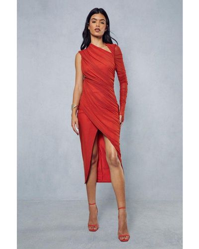 MissPap Mesh Ruched Asymmetric One Shoulder Wrap Midi Dress - Red