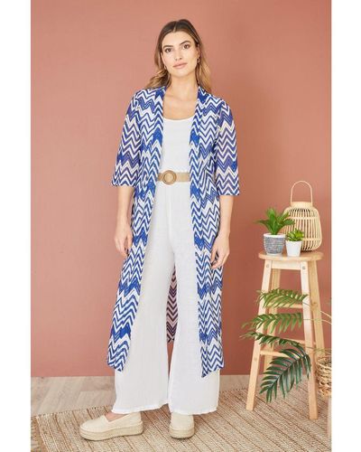 Yumi' Zig Zag Crochet Long Knitted Kimono - Blue