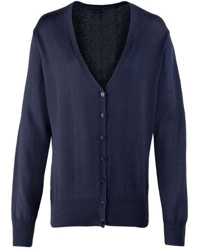 PREMIER Ladies Button Through Long Sleeve V-Neck Knitted Cardigan () - Blue