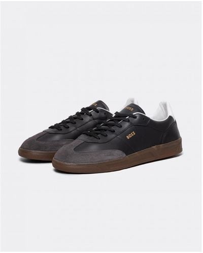 BOSS Brandon Leather And Suede Trainers With Embossed Logos - Black