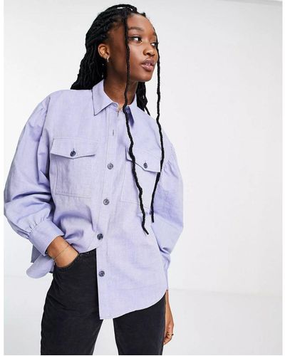 Hollister Puff Sleeve Shirt In Chambray - Purple