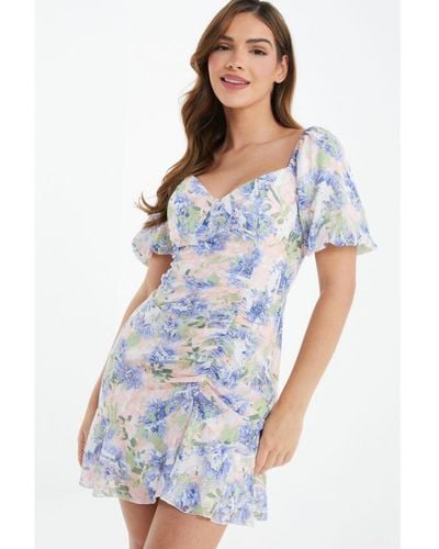 Quiz Floral Chiffon Ruched Mini Dress - Blue