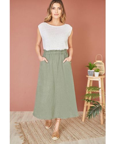 Yumi' Italian Linen Midi Skirt With Pockets - Green