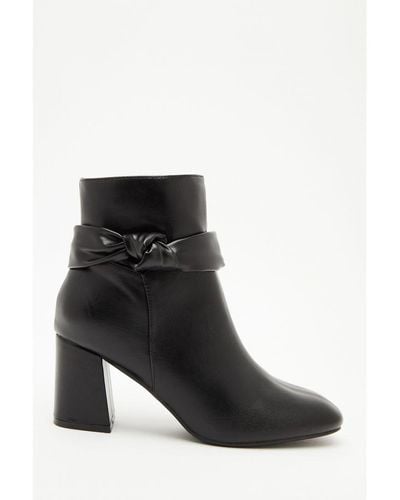 Quiz Faux Leather Knot Heeled Ankle Boots - Black