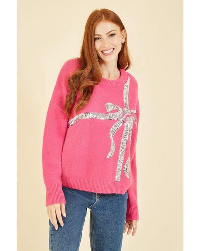 Yumi' Sequin Bow Knitted Jumper - Pink