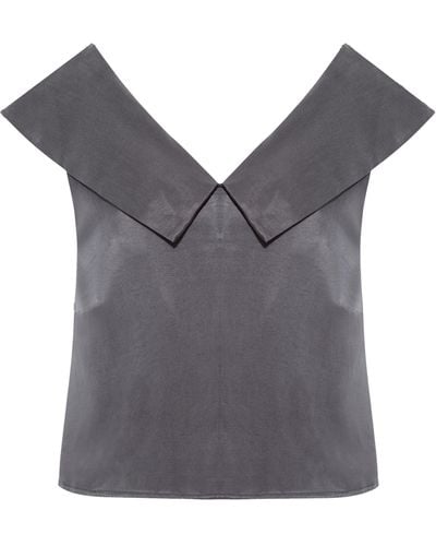 Femponiq Off Shoulder Collared Crop Top (Charcoal) - Gray