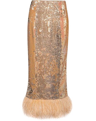 F.ILKK Sequined Midi Skirt With Feathers - Natural