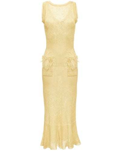 Andreeva Champagne Rose Knit Dress With Feathers - Yellow