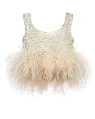 Santa Brands Crop Top With Feathers - White
