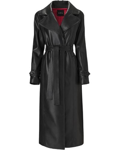 Lita Couture Belted Leather Trench Coat - Black