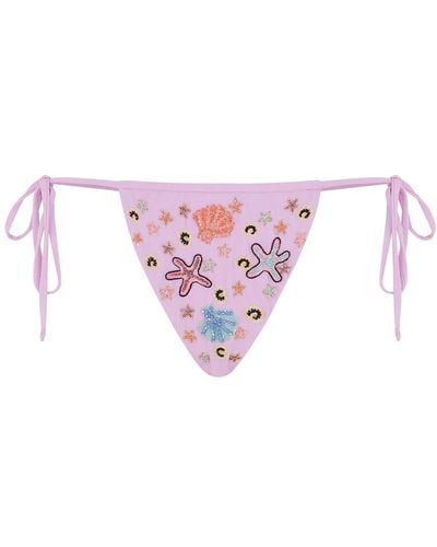 Oceanus Fia Tropical Hand Embroidered Bikini Bottoms Lilac - Pink