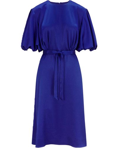 Femponiq Draped Puff Sleeve Satin Dress (Royal) - Blue