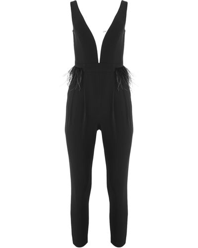 Lita Couture Feather-Trimmed V-Neck Jumpsuit - Black