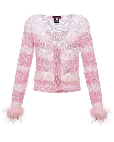 Andreeva Handmade Knit Sweater With Detachable Feather Details On The Cuffs And Pearl Buttons - Pink