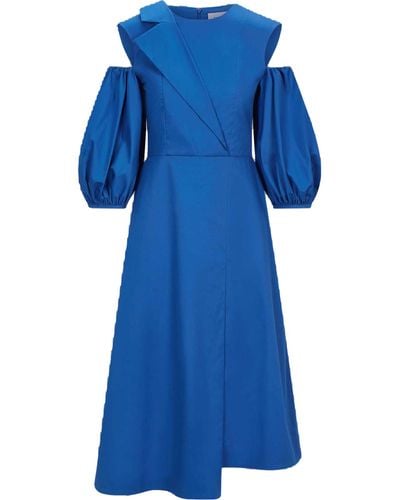 Femponiq Asymmetric Lapel A-Line Cotton Dress (Sapphire) - Blue