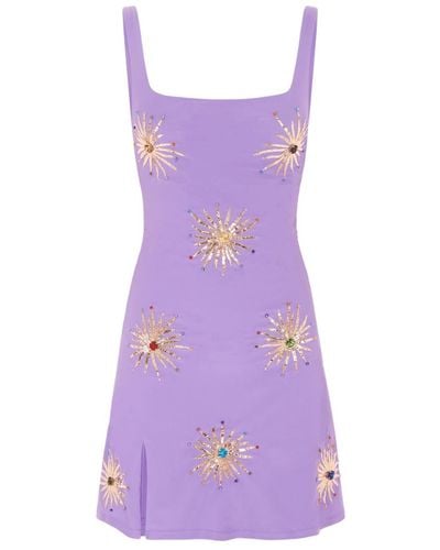 Oceanus Iris Crystal Hand Embroidered Lilac Party Dress - Purple