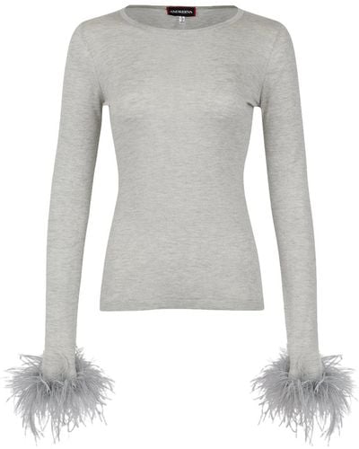 Andreeva Cashmere Top With Detachable Feather Cuffs - White