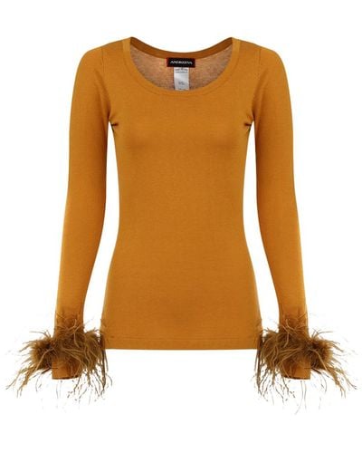 Andreeva Camel Knit Top With Detachable Feather Cuffs - Orange