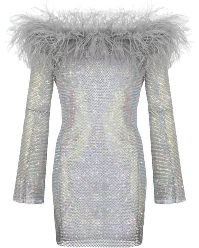 Santa Brands Sparkle Mini Feathers Dress With Open Shoulders - Gray