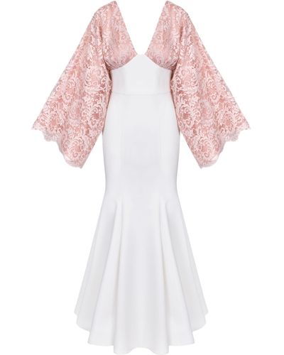 Lily Was Here Ecru Dress With Chic Lace Sleeves - White