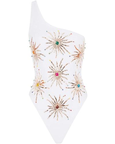 Oceanus Callie One Shoulder Hand Embroidered Suit - White