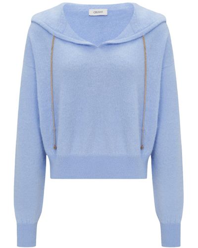 CRUSH Collection Chain Detailed Fluffy Cashmere Hoodie - Blue