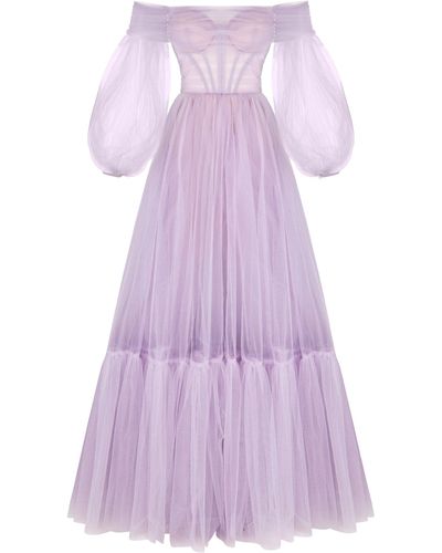 Millà Sheer Sleeves Maxi Tulle Dress - Purple
