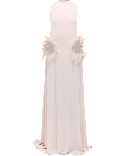 Maet Viola Chiffon Dress With Feathers - White