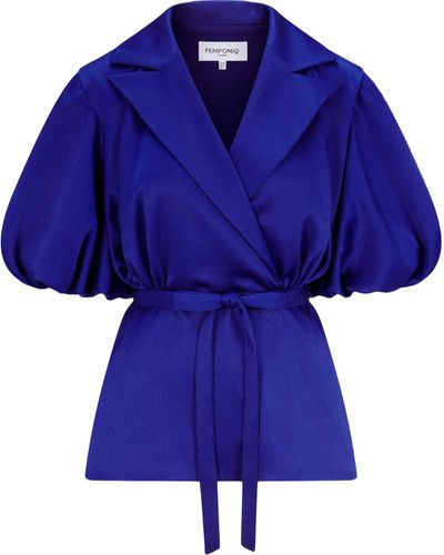 Femponiq Draped Sleeve Satin Blouse (Royal) - Blue