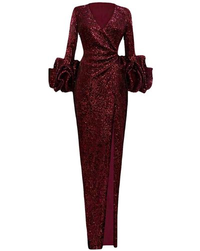 ANITABEL Long Wine Sequin Wrap Dress With Statement Sleeves - Red