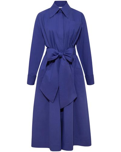 Femponiq Cotton Belted Gathered Maxi Shirt Dress (Vivid) - Blue