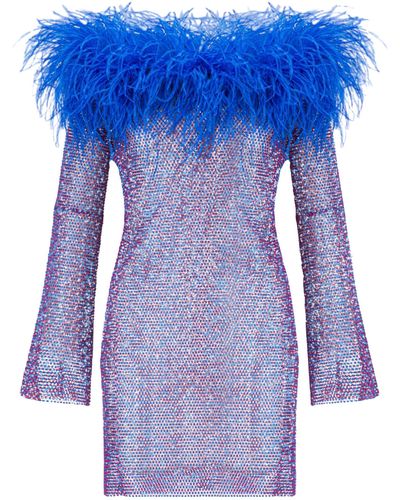Santa Brands Sparkle Fuchsia/ Stones Mini Feathers Dress With Open Shoulders - Blue