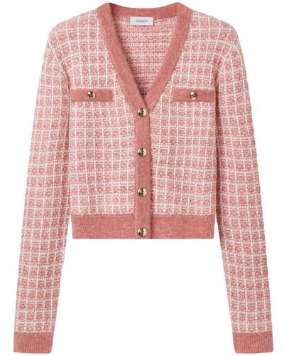 CRUSH Collection Checked Bouclé Tweed V-Neck Cardigan - Pink