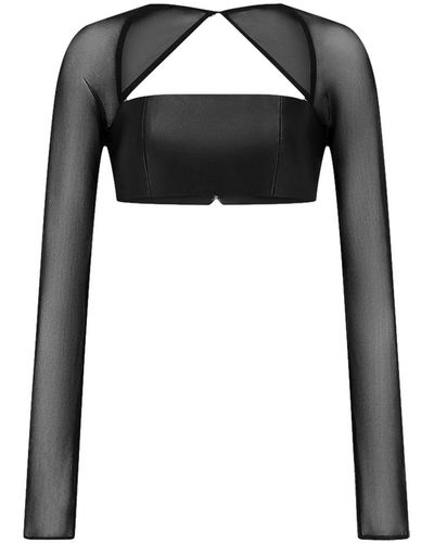 SIRAPOP Leather Long-Sleeve Cropped Top - Black