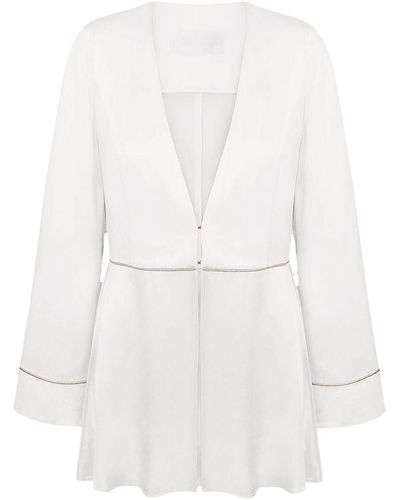Total White Viscose Cut Loose Jacket With Golden Edging - White