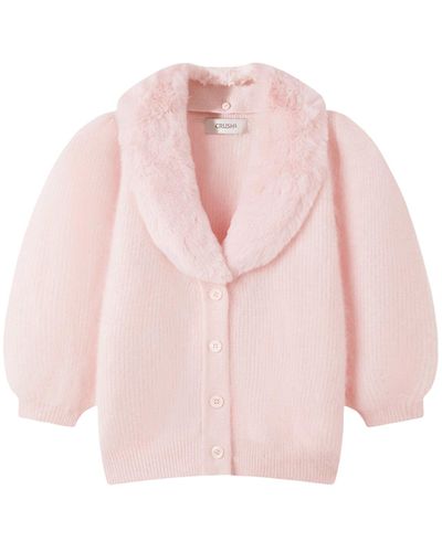 CRUSH Collection Fluffy Balloon-Sleeved Cashmere Cardigan With Faux Fur Collar - Pink