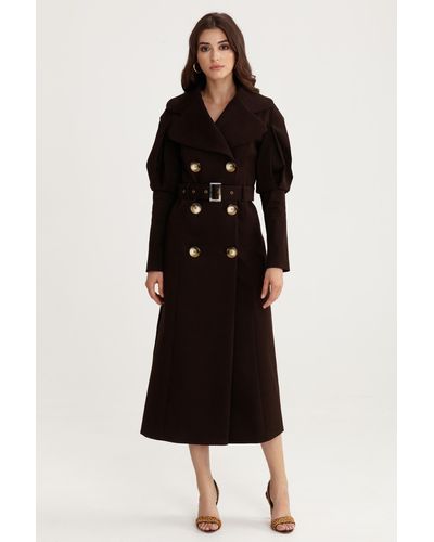 Lita Couture Statement Pleated Shoulders Trench Coat - Black