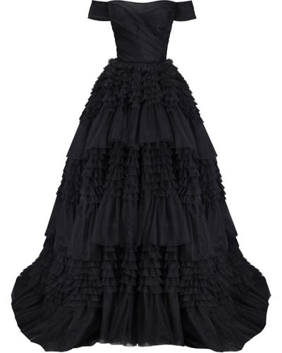 Millà Off-The-Shoulder Frill-Layered Gown - Black