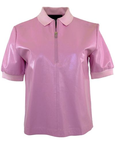 Theo the Label Leto Paper Leather Zip Polo Tee - Pink