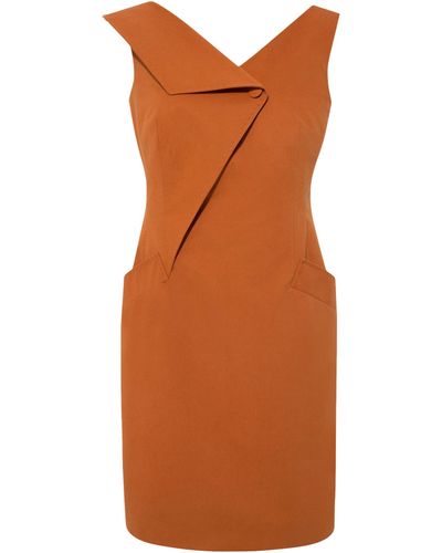 Femponiq Asymmetric Lapel Tailored Cotton Dress (Burnt) - Brown