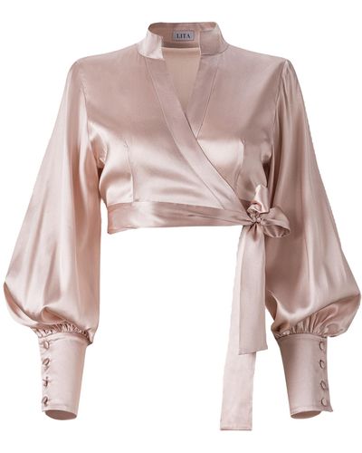 Lita Couture Ample-Sleeve Satin Top - Pink