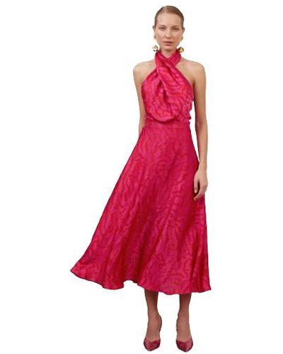 UNDRESS Heidi Fuchsia Print Halter Neck Midi Dress - Red