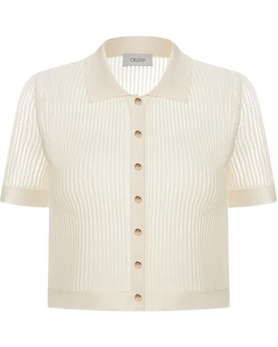 CRUSH Collection Striped Hollow Out Polo Cardigan - White