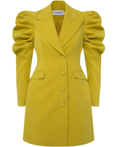 Femponiq Draped Sleeved Tailored Blazer Dress (Lime) - Yellow