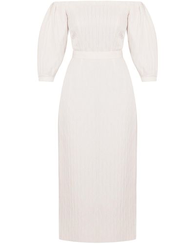 UNDRESS Liva Textured Silk Open Shoulder Midi Dress - White