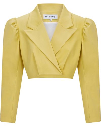 Femponiq Puff Shoulder Cropped Cotton Blazer (Mustard) - Yellow