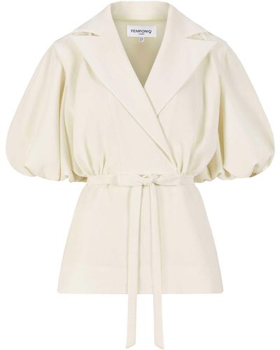 Femponiq Draped Puff Sleeve Tailored Blouse (Ivory) - Natural