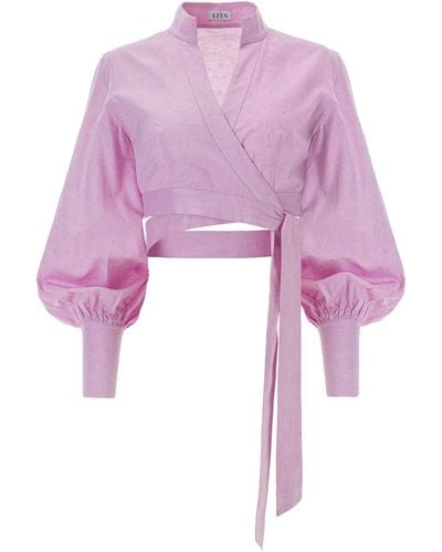 Lita Couture Puffed Sleeve Cropped Linen Blouse - Purple